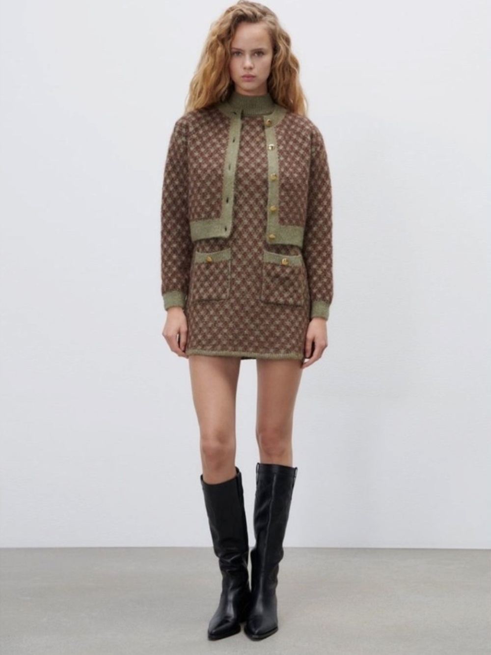 Zara Knit Cardigan & Dress Set in Olive/Brown w/ Gold Buttons